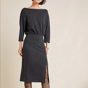 Anthropologie Carbon Gray Boat Neck Midi Knit Column‎ Dress Size XL 3/4 Sleeve
